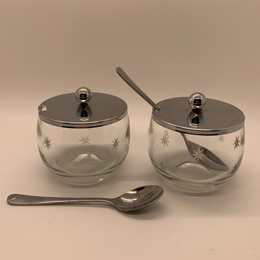 Vintage etched glass jelly or mustard jars with lids and spoons!